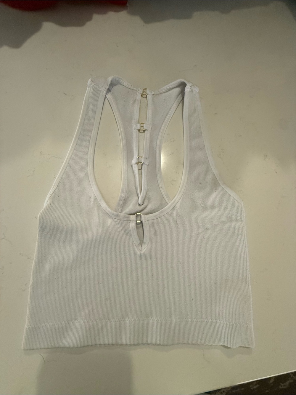 aerie White Ribbed Cropped Racerback Tank with Back Ring Accents